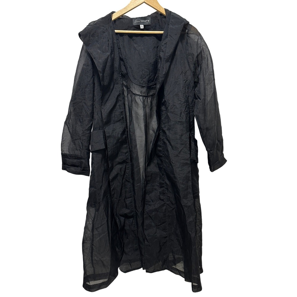 Donna White Duster Coat Womens Medium Black Sheer Mesh Hooded Artsy Avant-Garde